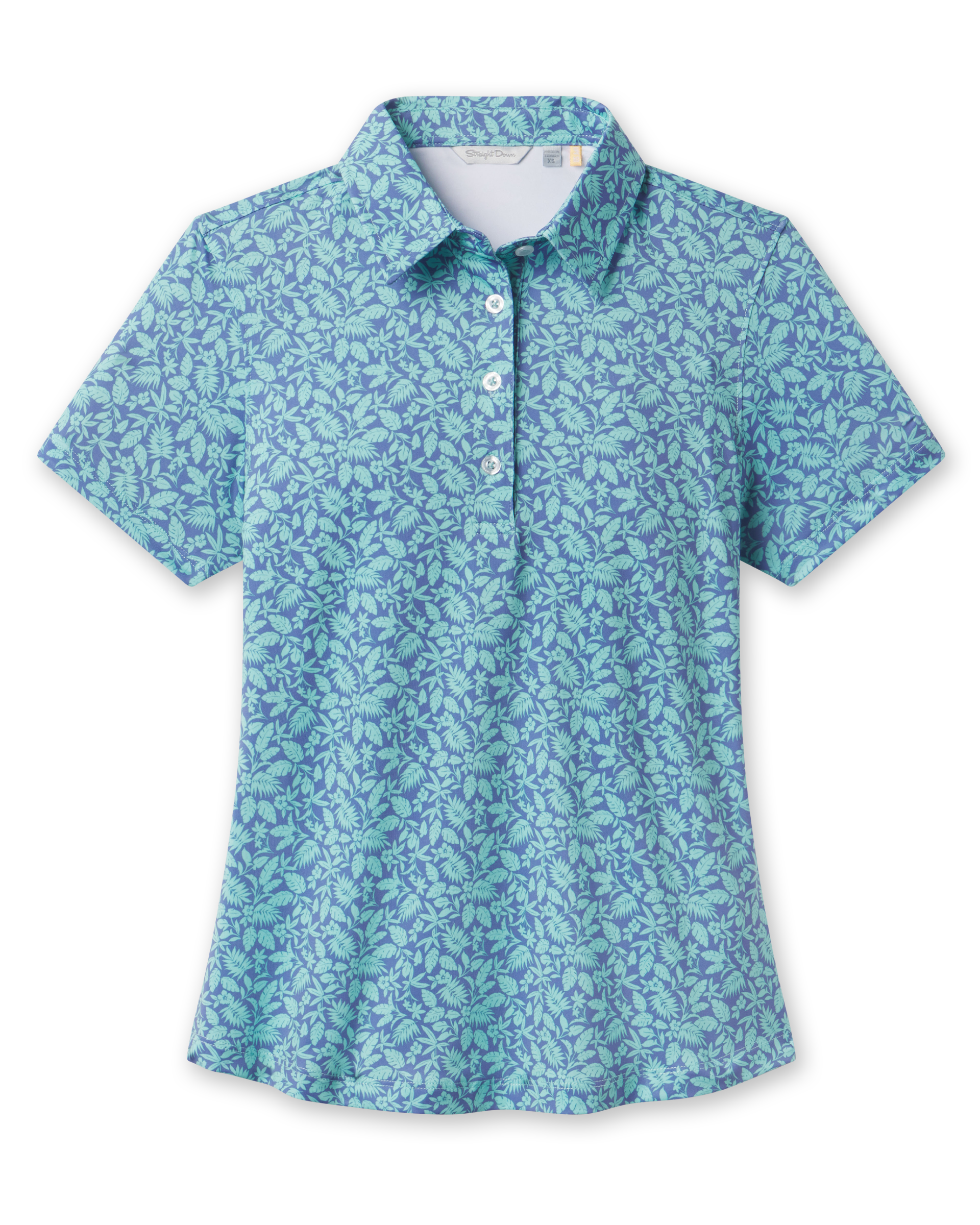 Huli Polo in Tidal Blue with tropical leaf print, front view