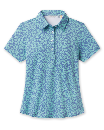 Huli Polo in Tidal Blue with tropical leaf print, front view