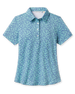 Huli Polo in Tidal Blue with tropical leaf print, front view