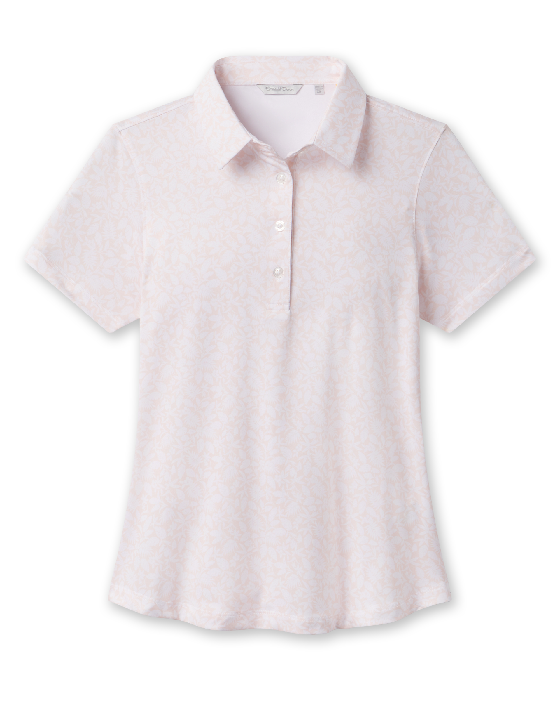 Front product view of the Huli Polo in Peach, featuring a soft peach and white floral print, short sleeves, pointed collar, and three-button placket.