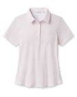 Front product view of the Huli Polo in Peach, featuring a soft peach and white floral print, short sleeves, pointed collar, and three-button placket.