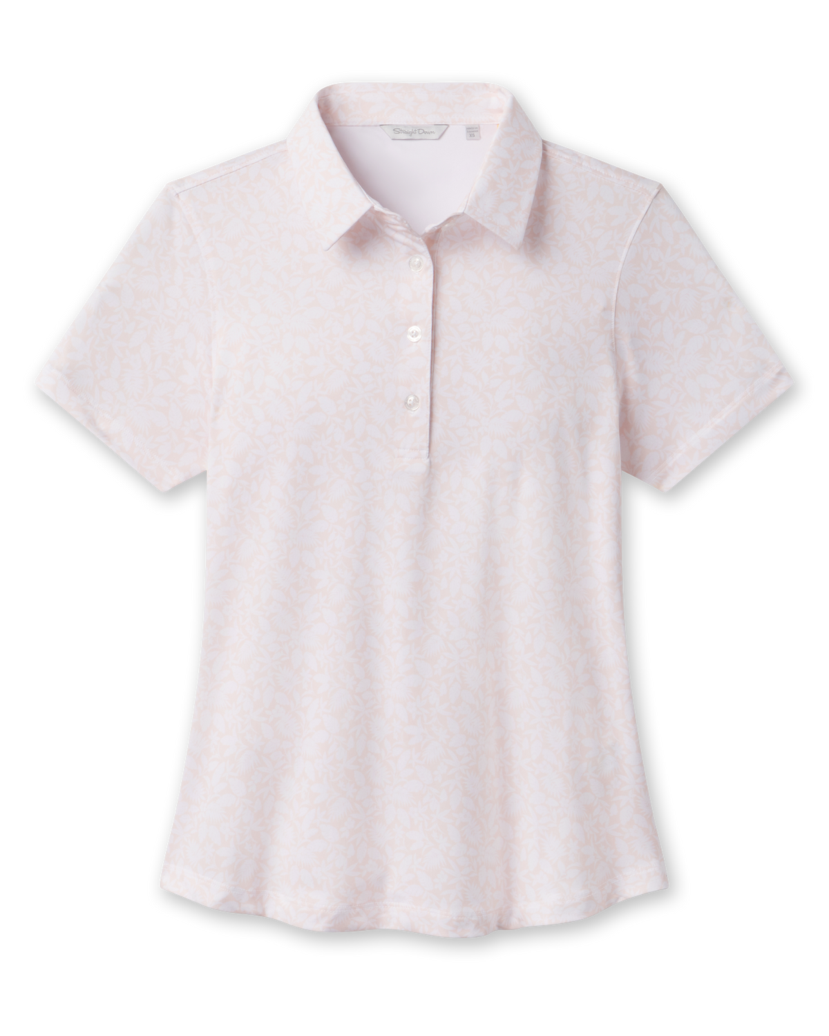 Front product view of the Huli Polo in Peach, featuring a soft peach and white floral print, short sleeves, pointed collar, and three-button placket.