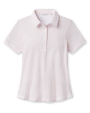 Front product view of the Huli Polo in Peach, featuring a soft peach and white floral print, short sleeves, pointed collar, and three-button placket.