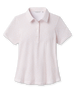 Front product view of the Huli Polo in Peach, featuring a soft peach and white floral print, short sleeves, pointed collar, and three-button placket.