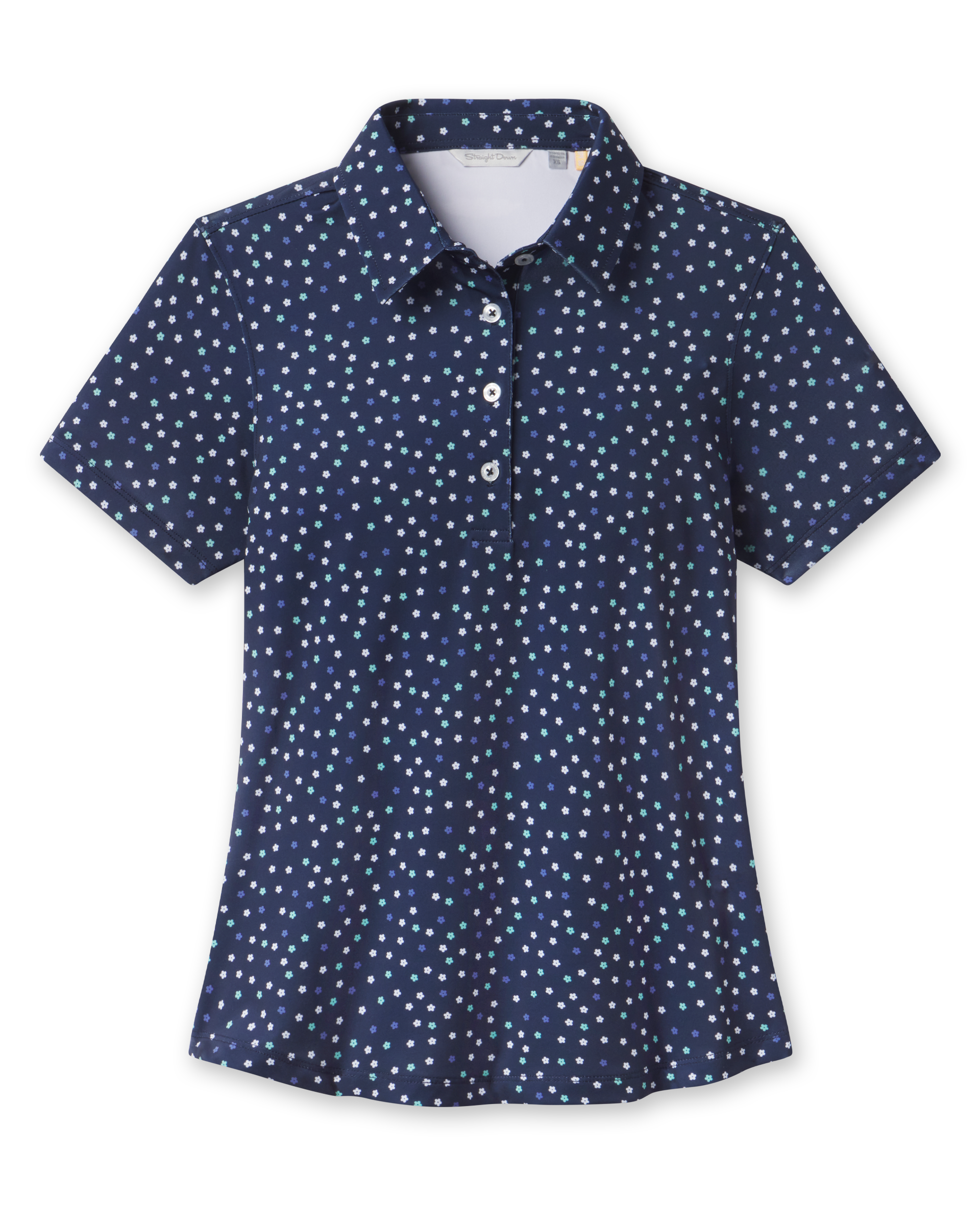 Sprinkles Polo in New Indigo with scattered floral print, front view