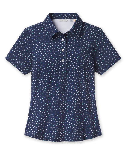 Sprinkles Polo in New Indigo with scattered floral print, front view