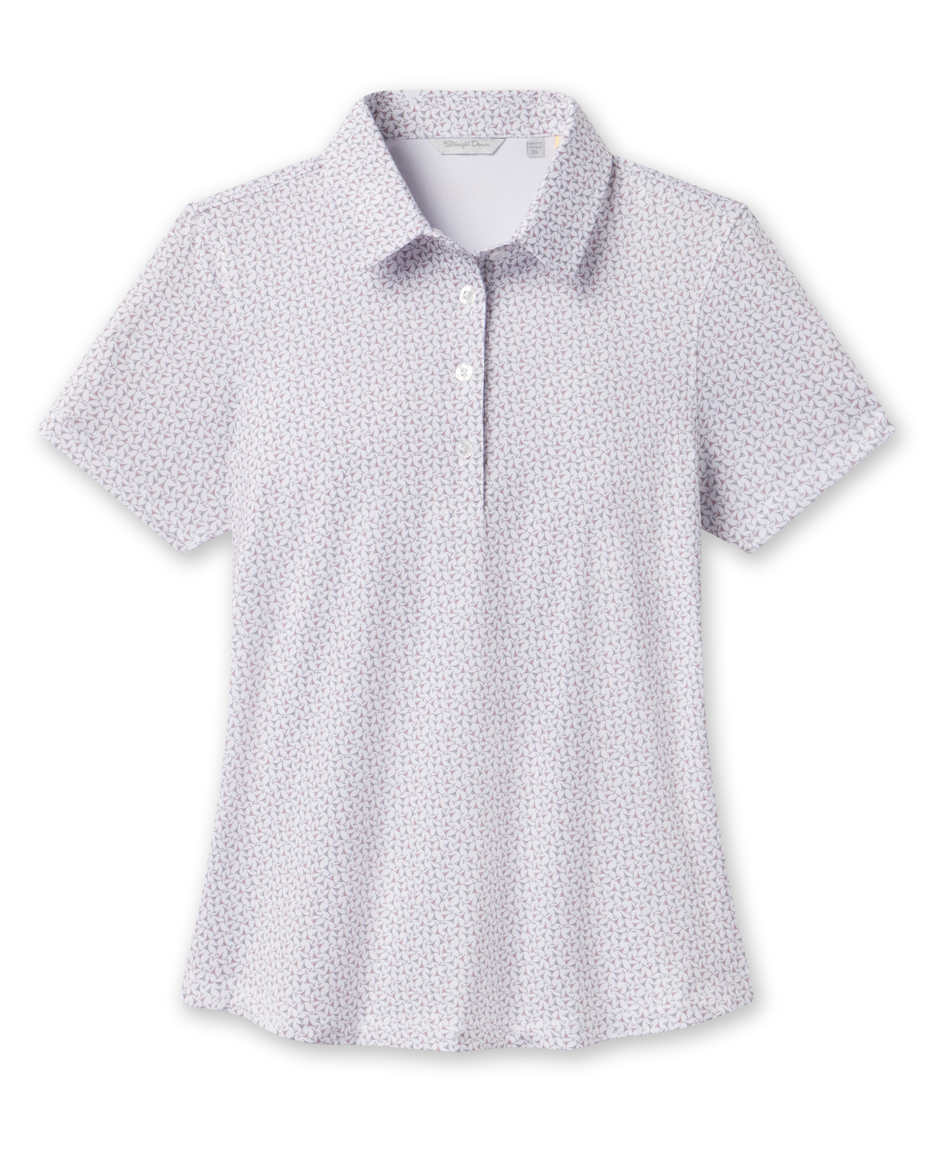 Front product view of the Martini Girl Polo in Lemongrass, featuring an allover martini glass print, short sleeves, pointed collar, and three-button placket.