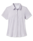 Front product view of the Martini Girl Polo in Lemongrass, featuring an allover martini glass print, short sleeves, pointed collar, and three-button placket.