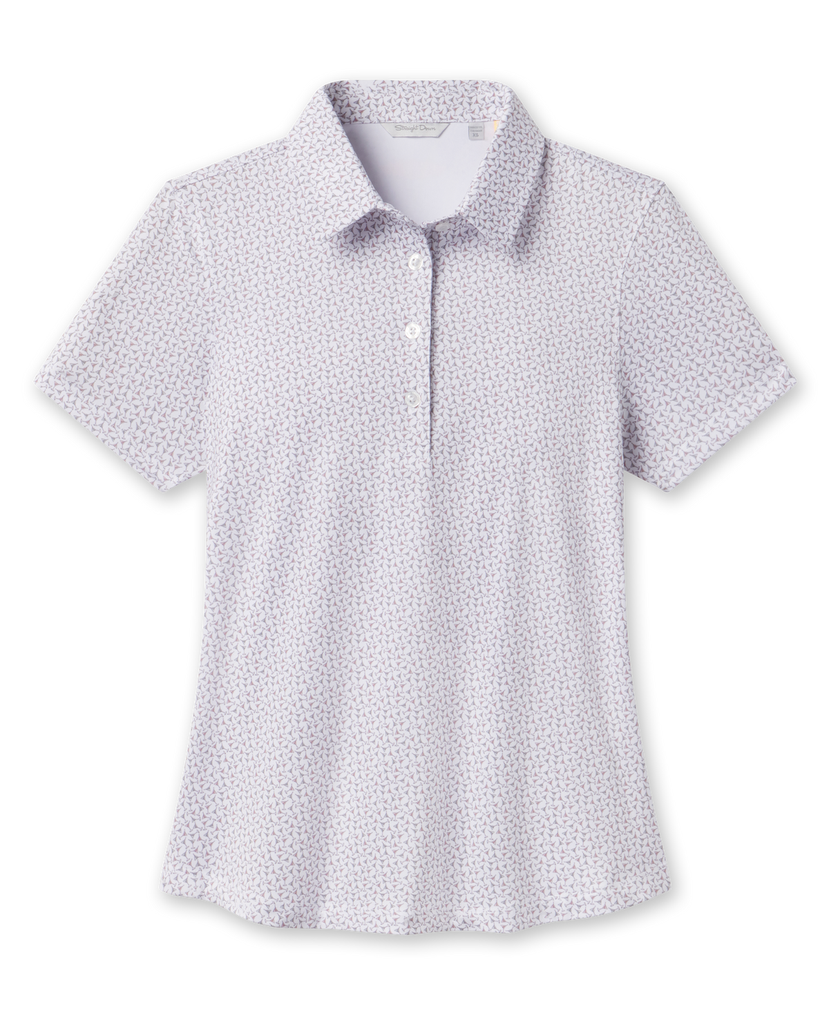 Front product view of the Martini Girl Polo in Lemongrass, featuring an allover martini glass print, short sleeves, pointed collar, and three-button placket.
