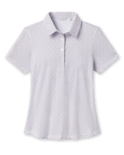 Front product view of the Martini Girl Polo in Lemongrass, featuring an allover martini glass print, short sleeves, pointed collar, and three-button placket.