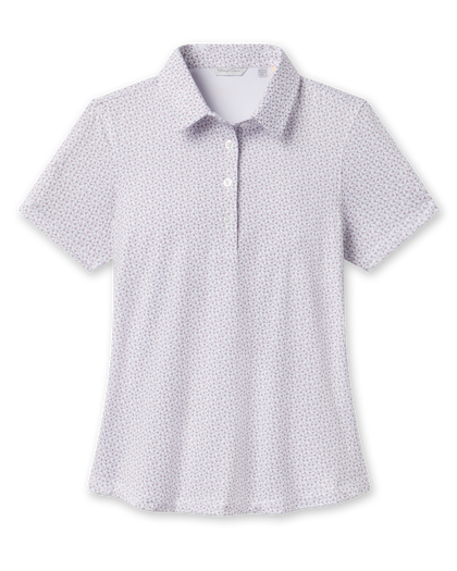 Front product view of the Martini Girl Polo in Lemongrass, featuring an allover martini glass print, short sleeves, pointed collar, and three-button placket.