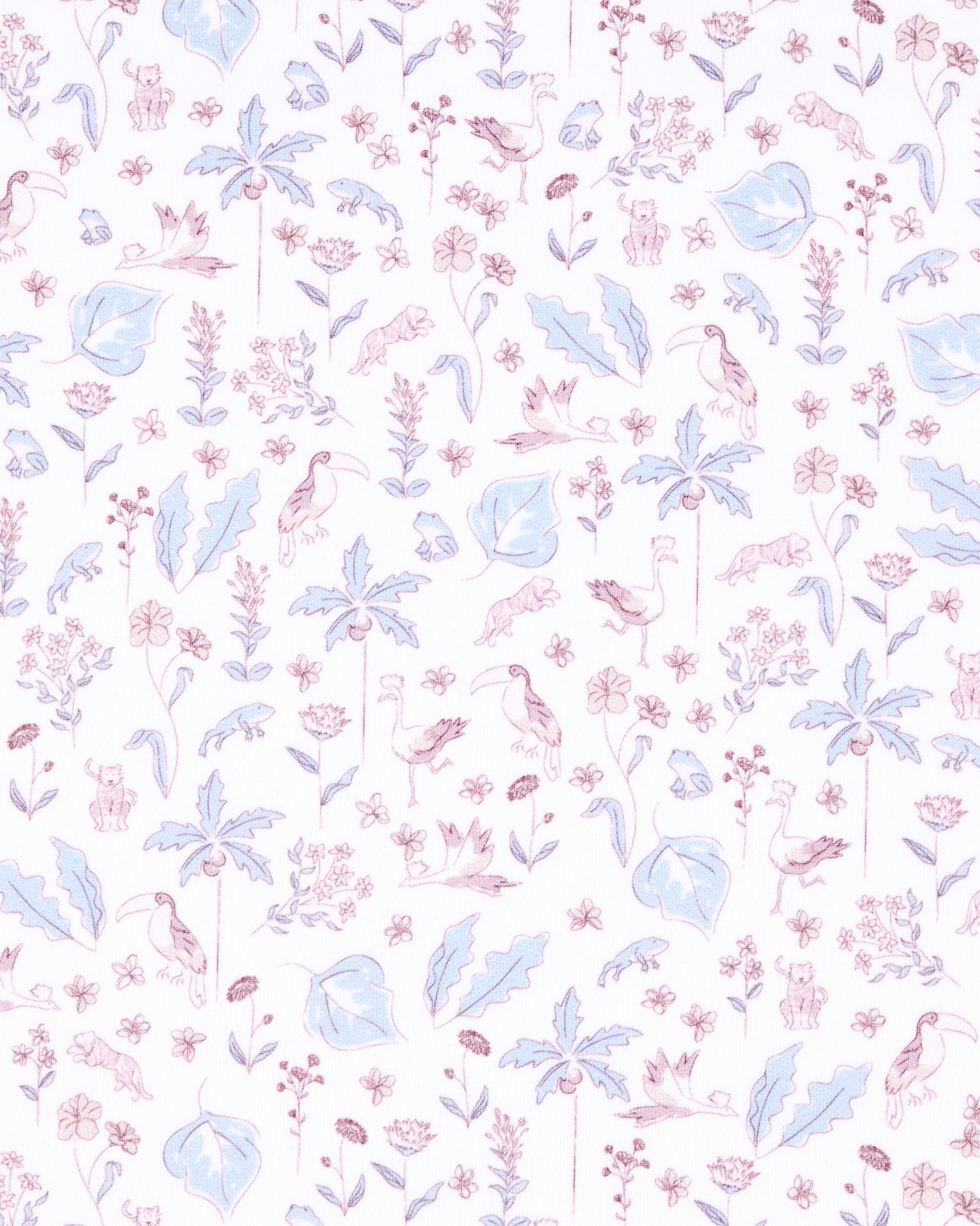 A repeating botanical and bird pattern on a white background, featuring light blue leaves, pink flowers, and soft pink birds in a delicate watercolor-style print.