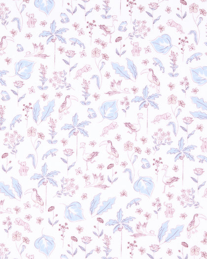 A repeating botanical and bird pattern on a white background, featuring light blue leaves, pink flowers, and soft pink birds in a delicate watercolor-style print.