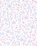 A repeating botanical and bird pattern on a white background, featuring light blue leaves, pink flowers, and soft pink birds in a delicate watercolor-style print.
