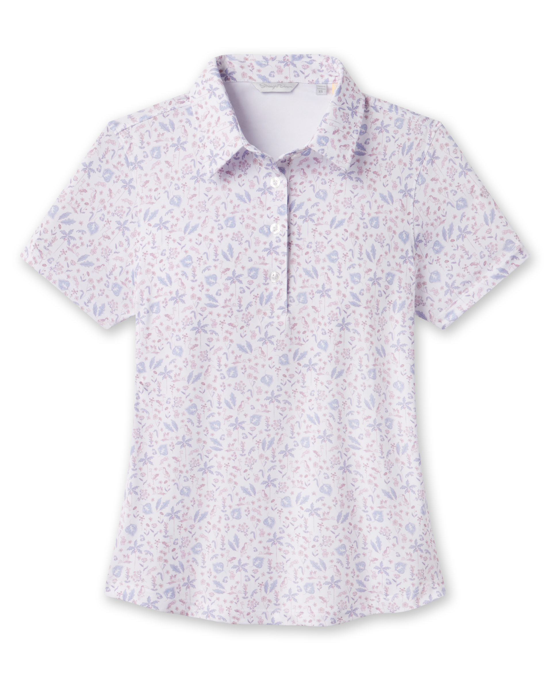 Front product view of the Wonderland Polo in White showcasing a floral print