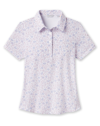 Front product view of the Wonderland Polo in White showcasing a floral print