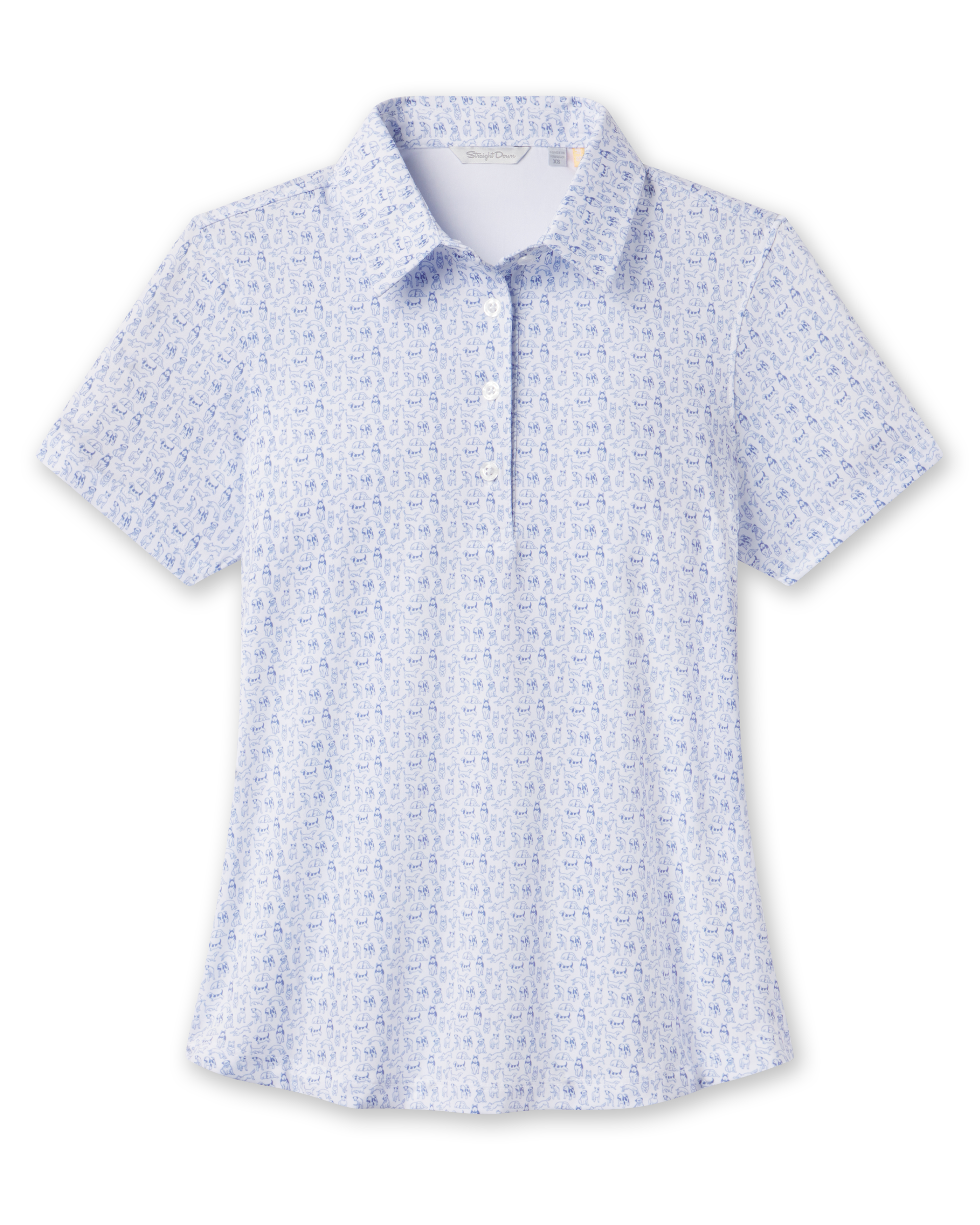 Dog Park Polo in Tidal blue with playful dog print, front view