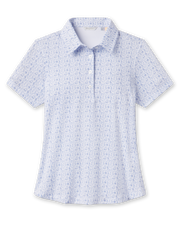 Dog Park Polo in Tidal blue with playful dog print, front view