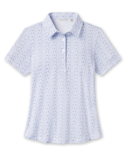 Dog Park Polo in Tidal blue with playful dog print, front view