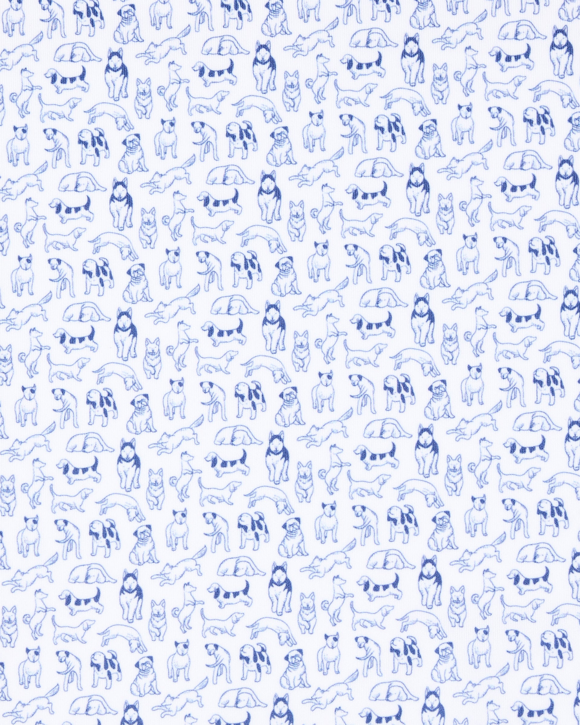 A repeating blue line-art pattern of various dog breeds on a white background.