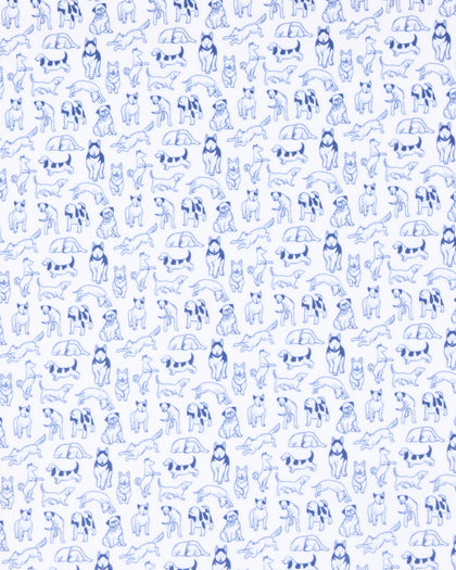 A repeating blue line-art pattern of various dog breeds on a white background.