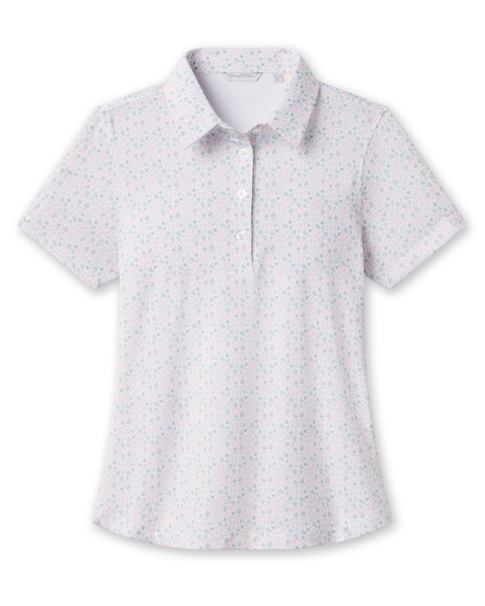Front product view of the Palm Island Polo in Lemongrass, featuring an allover pastel tropical print, short sleeves, pointed collar, and button placket.