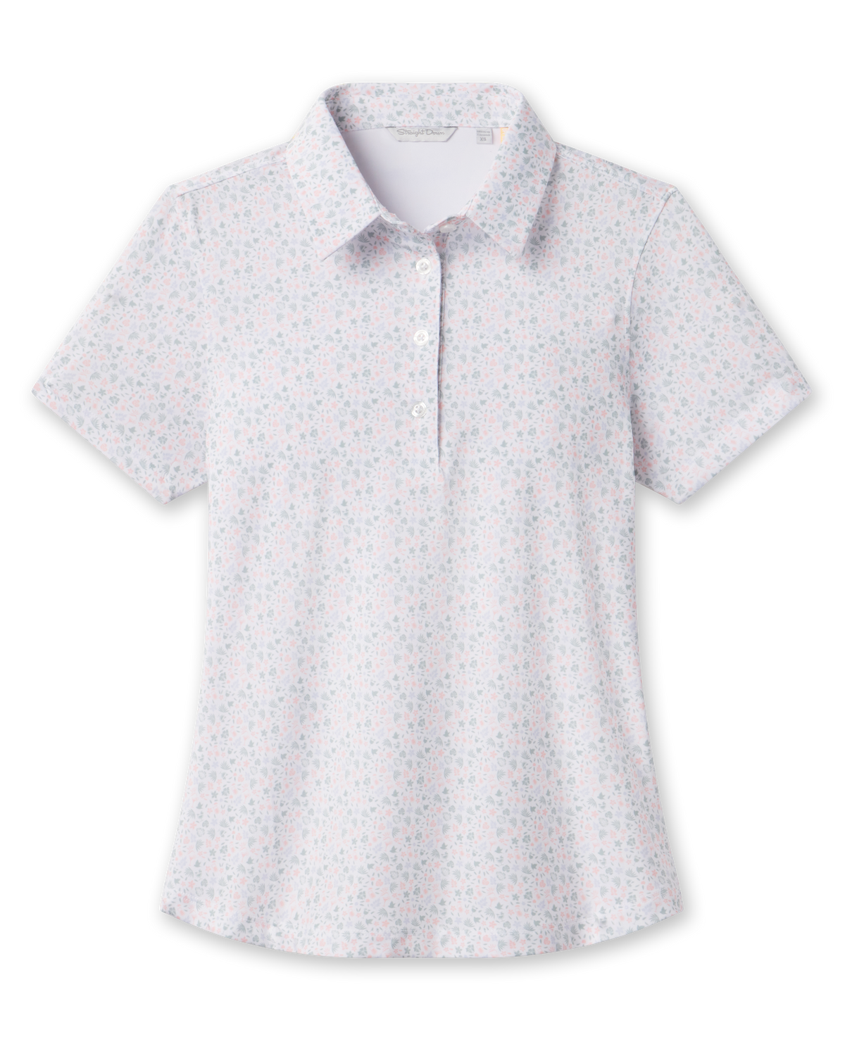 Front product view of the Palm Island Polo in Lemongrass, featuring an allover pastel tropical print, short sleeves, pointed collar, and button placket.