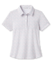 Front product view of the Palm Island Polo in Lemongrass, featuring an allover pastel tropical print, short sleeves, pointed collar, and button placket.