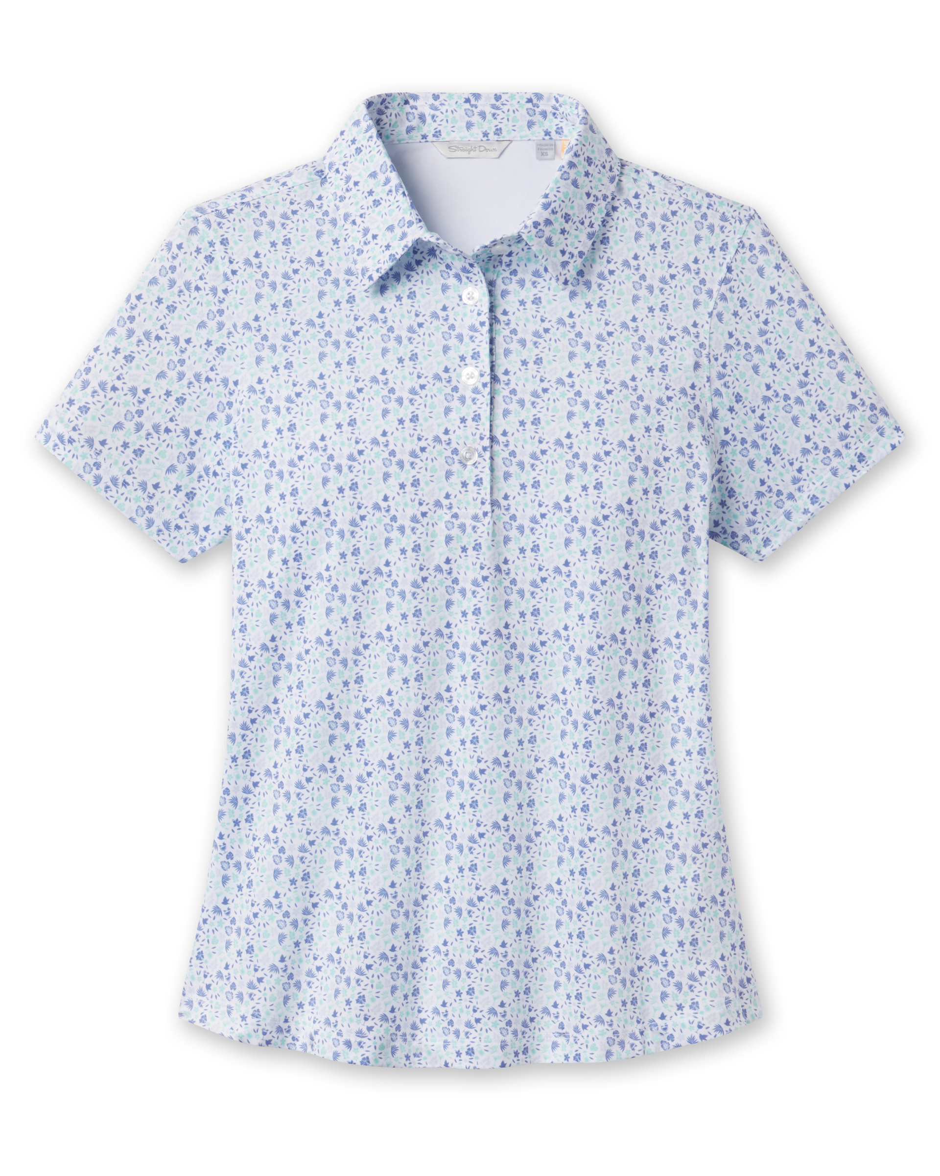Palm Island Polo in Tidal blue with tropical floral print, front view