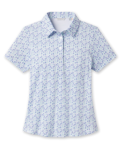 Palm Island Polo in Tidal blue with tropical floral print, front view