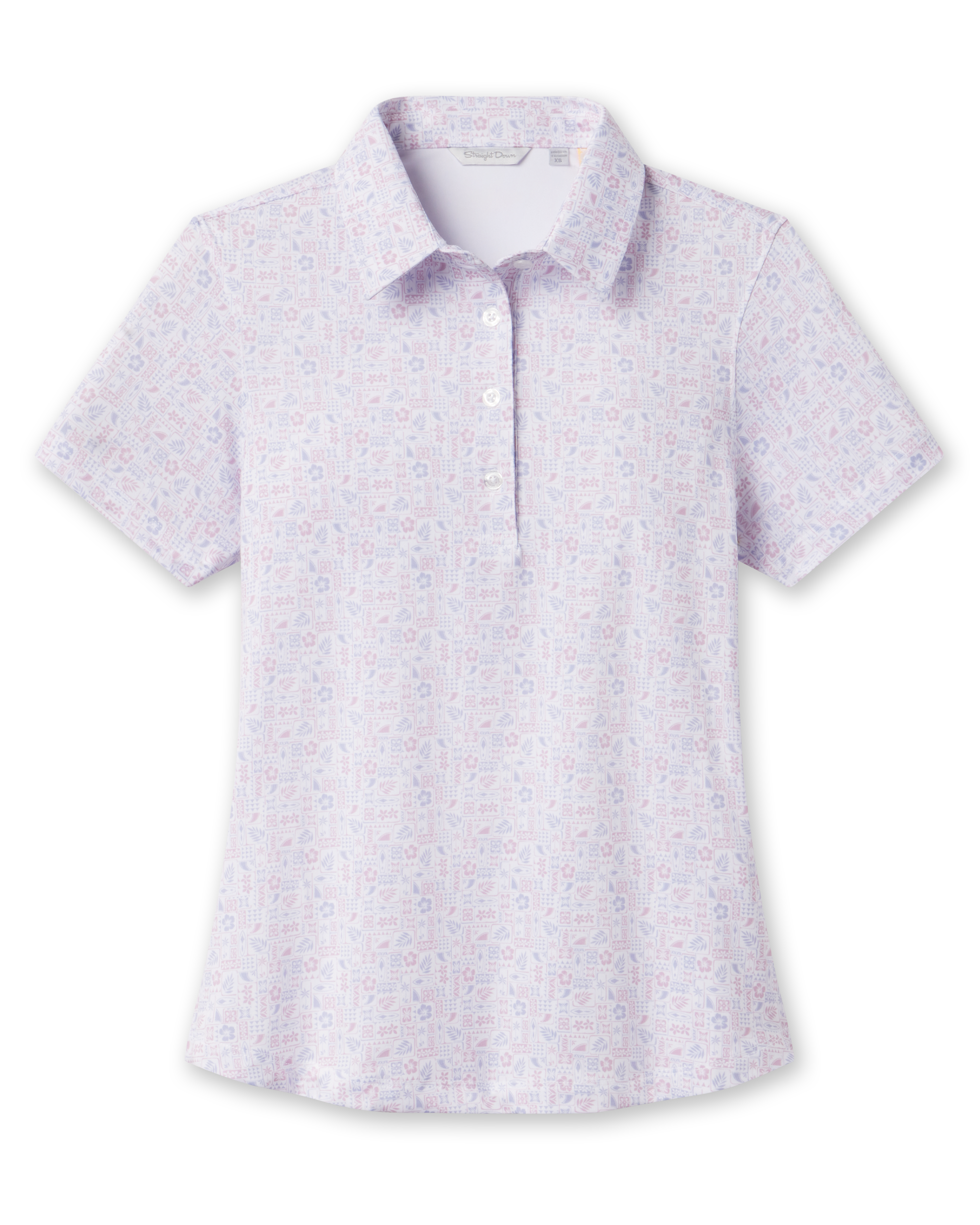 Women's Lanakai Polo in Cosmic with a white base and pastel Hawaiian block-inspired print