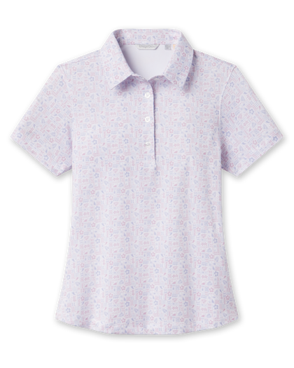 Women's Lanakai Polo in Cosmic with a white base and pastel Hawaiian block-inspired print