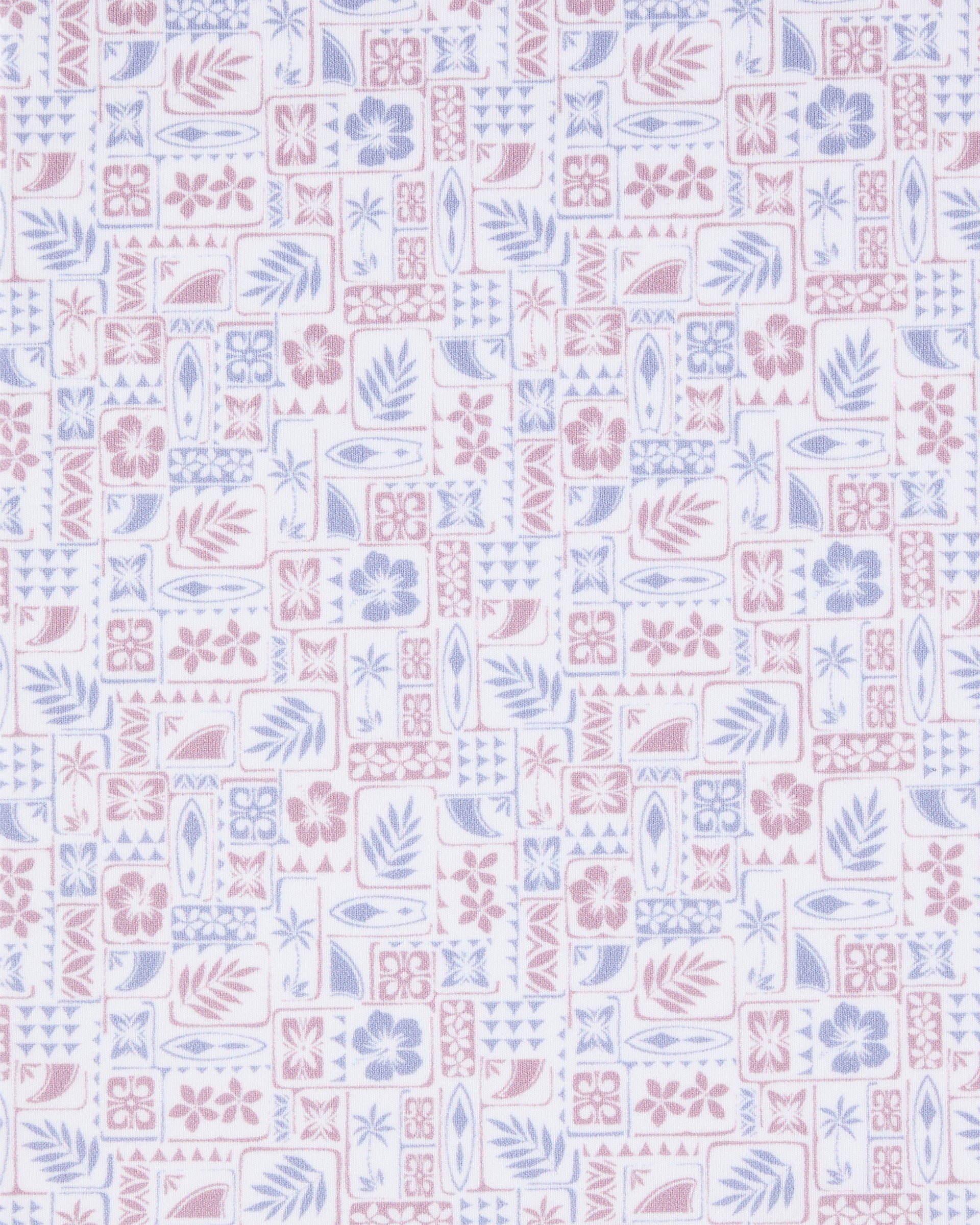 A repeating pattern of small rectangular tiles with floral, leaf, and geometric motifs in dusty pink and light blue on a white background.
