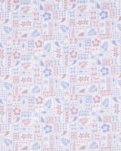 A repeating pattern of small rectangular tiles with floral, leaf, and geometric motifs in dusty pink and light blue on a white background.