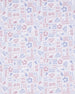 A repeating pattern of small rectangular tiles with floral, leaf, and geometric motifs in dusty pink and light blue on a white background.