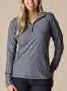 Straight Down Women's Claire Quarter Zip in Black, front view on model featuring a heathered charcoal long sleeve quarter zip pullover with contrast black seam detailing, paired with black pants