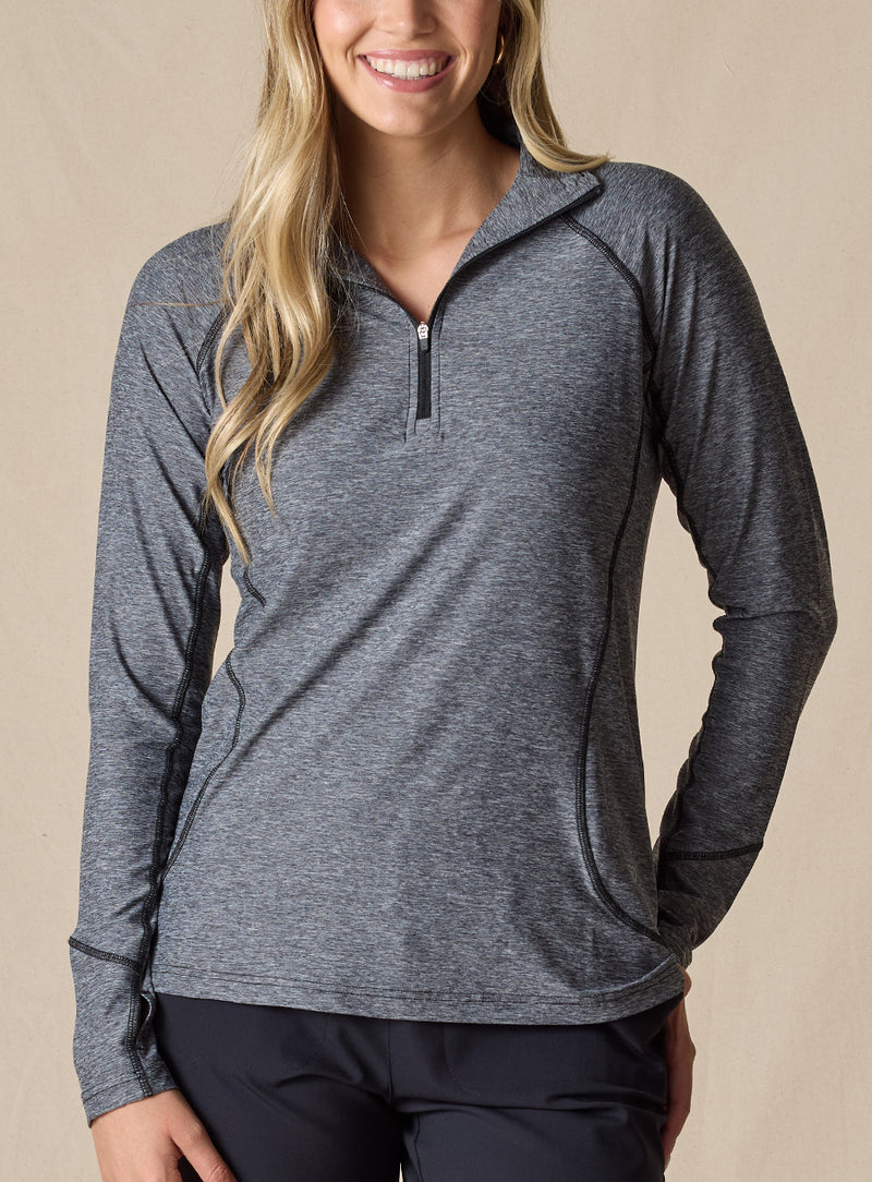Straight Down Women's Claire Quarter Zip in Black, front view on model featuring a heathered charcoal long sleeve quarter zip pullover with contrast black seam detailing, paired with black pants