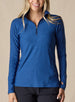 Straight Down Women's Claire Quarter Zip in Indigo, front view on model featuring a heathered blue long sleeve quarter zip pullover with raglan sleeves, paired with black pants