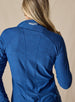 Straight Down Women's Claire Quarter Zip in Indigo, close up back view on model highlighting the Straight Down logo at the back collar and seam detailing