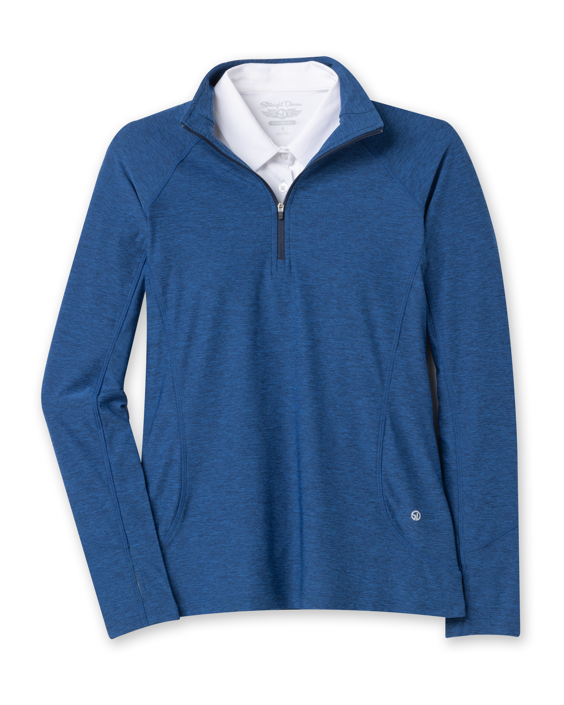 Women's Claire Quarter Zip in Indigo, flat lay front view featuring a navy heathered quarter-zip pullover with tonal seaming, side pockets, and embroidered Straight Down logo