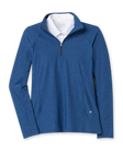 Women's Claire Quarter Zip in Indigo, flat lay front view featuring a navy heathered quarter-zip pullover with tonal seaming, side pockets, and embroidered Straight Down logo