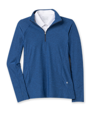 Women's Claire Quarter Zip in Indigo, flat lay front view featuring a navy heathered quarter-zip pullover with tonal seaming, side pockets, and embroidered Straight Down logo