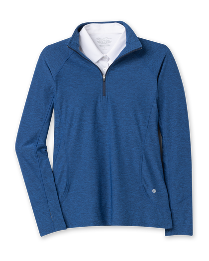 Women's Claire Quarter Zip in Indigo, flat lay front view featuring a navy heathered quarter-zip pullover with tonal seaming, side pockets, and embroidered Straight Down logo