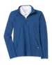 Women's Claire Quarter Zip in Indigo, flat lay front view featuring a navy heathered quarter-zip pullover with tonal seaming, side pockets, and embroidered Straight Down logo