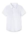 Women's Abbot Polo in White, flat lay front view featuring a white short-sleeve polo with spread collar and curved hem