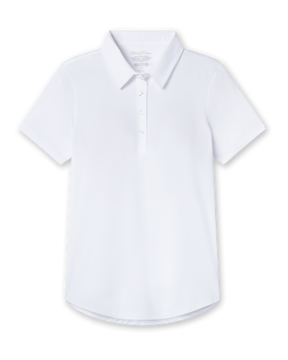Women's Abbot Polo in White, flat lay front view featuring a white short-sleeve polo with spread collar and curved hem