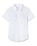 Women's Abbot Polo in White, flat lay front view featuring a white short-sleeve polo with spread collar and curved hem