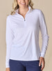 Women's Aero Quarter Zip in White, front view on model featuring a clean white performance fabric with a quarter-zip collar and long sleeves, paired with navy pants