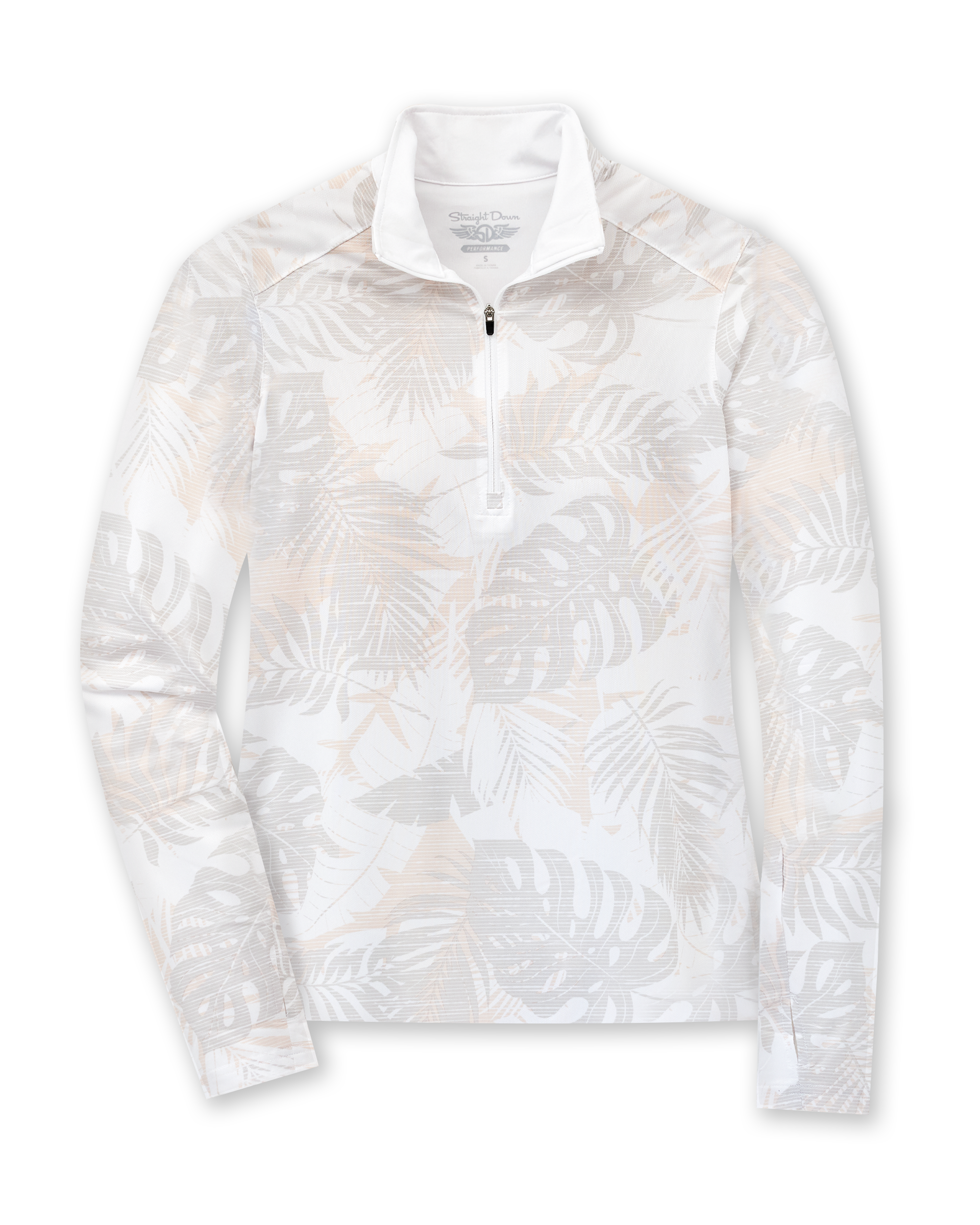 Women's Flora Quarter Zip in White, flat lay front view featuring an allover tropical leaf print in soft tan and grey tones on a white base with a quarter zip closure and stand-up collar