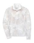 Women's Flora Quarter Zip in White, flat lay front view featuring an allover tropical leaf print in soft tan and grey tones on a white base with a quarter zip closure and stand-up collar